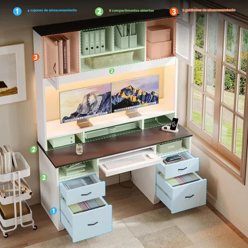 Vista 4 de Bestier Escritorio Ejecutivo de 77.8" de Alto con Estante Superior, Escritorio Moderno de Madera para Computadora con Cajones, Estación de Carga