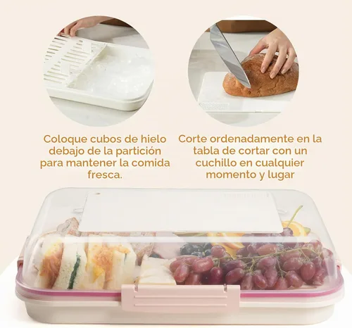Vista 2 de Recipiente de almacenamiento de alimentos con tapa para tabla de cortar, bandeja de aperitivos con compartimento para bolsa de hielo y divisor Crema