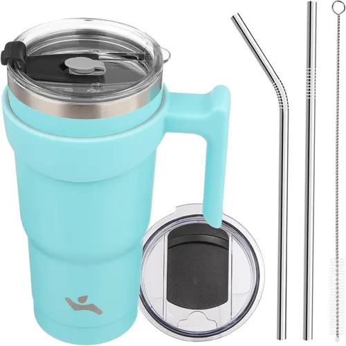 Vista 47 de Konokyo - Vaso de 10 onzas con asa y 2 popotes, 2 tapas, botella de agua aislada de acero inoxidable, taza de viaje reutilizable, color verde militar