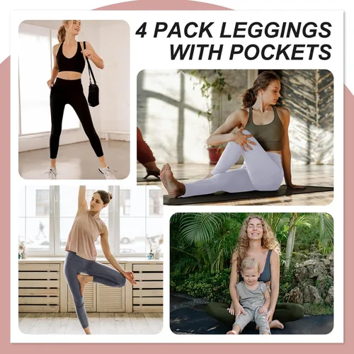 Vista 4 de NexiEpoch Paquete de 4 leggings para mujer con bolsillos, cintura alta, control de abdomen para entrenamiento, correr, yoga, talla regular y grande