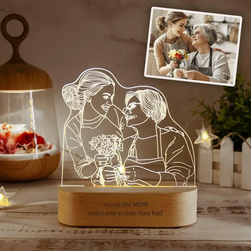 Vista 3 de Lámpara de mesa personalizada con ilusión 3D para dormitorio, retratos grabados con imagen personalizada, luz nocturna, esperando que los padres