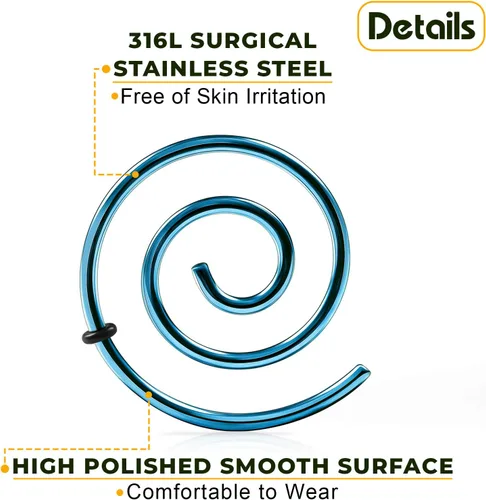 Vista 3 de Par de tapones expansores en espiral de acero quirúrgico anodizado azul claro 316L para piercings de joyería de oído estirador de carne pendiente