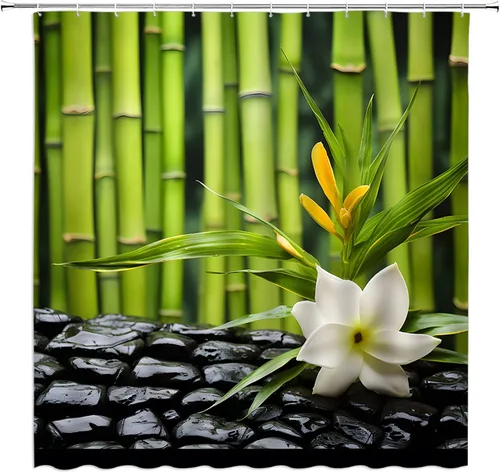 Vista 12 de Cortina de ducha pequeña, spa con hojas de piedra de agua, jardín, japonés, asiático, naturaleza, negro, blanco, verde, RV, baño, decoración