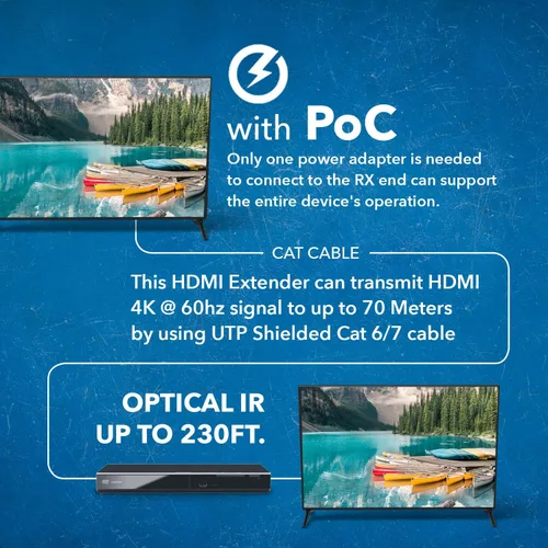 Vista 4 de OREI Extensor HDMI 4K a través de Ethernet, Extensor Balun a través de Cat6/Cat7 con extractor de audio óptico IR hasta 70 metros - Salida en bucle