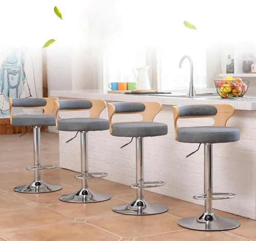 Vista 4 de Taburetes de bar altos, elegante taburete de bar de altura ajustable de tela con respaldo medio de madera y base cromada, taburete de bar