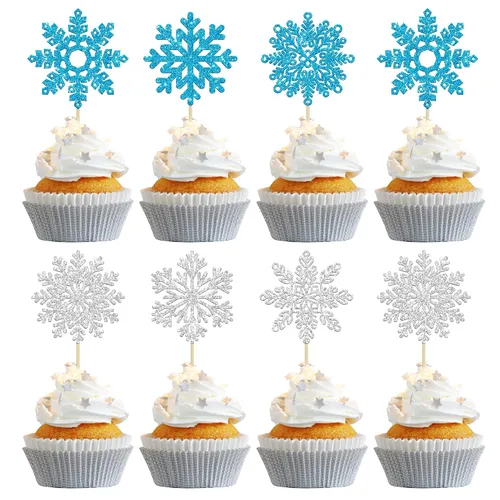 Vista 19 de Gyufise 24 piezas de copos de nieve Oh Baby Cupcake Toppers Glitter Winter Frozen Baby Shower Cupcake Picks para invierno, país de las maravillas
