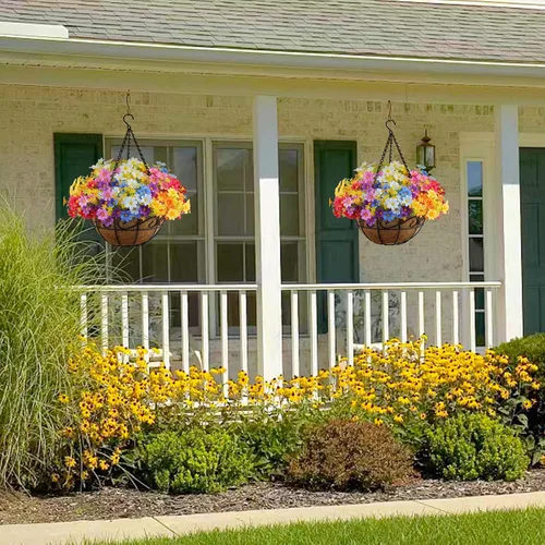 Vista 6 de Flores artificiales colgantes al aire libre con canasta, colgador de plantas, 12 piezas de flores falsas, resistentes a los rayos UV, gypsophila