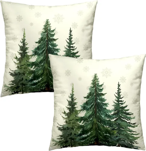 Vista 2 de Fundas de Almohada de Bosque de Pinos 22x22 Juego de 2, Fundas de Almohada Decorativas de Árboles de Abeto y Cedro Verde Nieve Beige de Invierno