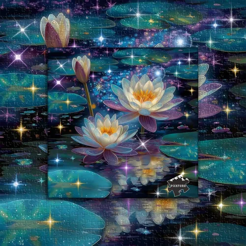 Vista 2 de Rompecabezas de flores de loto de ensueño para adultos, 1000 piezas, rompecabezas artístico de lirio de agua de fantasía con estrellas brillantes