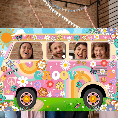 Vista 7 de Decoraciones de fiesta hippie Groovy Bus Banner de los años 60, telón de fondo de margarita, recortado de la cara de los años 60, accesorios