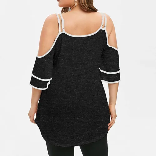 Vista 3 de 957 Camiseta de manga corta para mujer, con hombros descubiertos, camiseta sexy con correa de lentejuelas, manga corta, cómoda, holgada, para verano