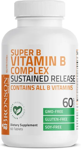 Vista 3 de Bronson Complejo de vitamina B Super B de liberación lenta sostenida (vitamina B1, B2, B3, B6, B9 - ácido fólico, B12) contiene todas las vitaminas