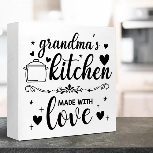 Vista 4 de LVQHI Letreros divertidos de madera para cocina, diseño de Kithcen de la abuela hecho con amor, caja de madera para estante de cocina, decoración