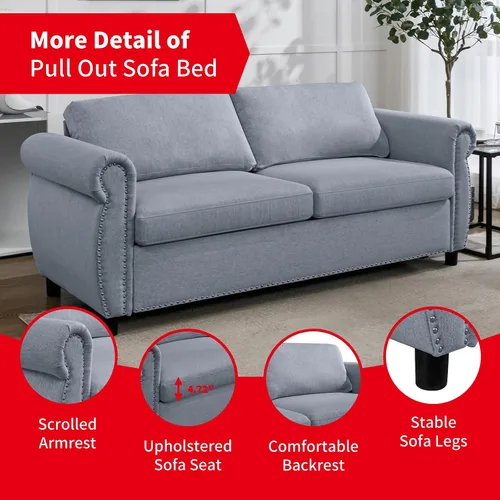 Vista 4 de PUREMIND Sofá cama extraíble 2 en 1 tamaño Queen, sofá biplaza tapizado con colchón de espuma viscoelástica, sofá cama con ribete de cabeza