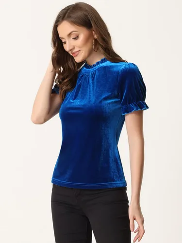 Vista 4 de Allegra K Camisa navideña con cuello de volantes para mujer, blusa de terciopelo de manga corta