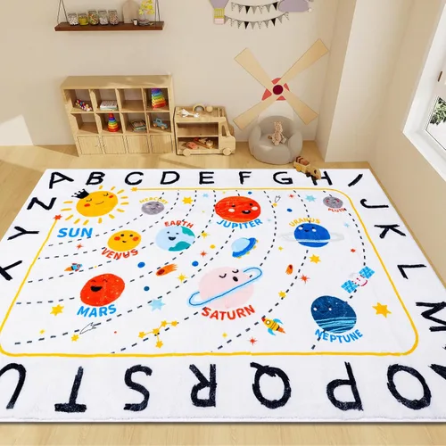 Vista 11 de ABC Space - Alfombra para niños, 3 pies 3 pulgadas x 4 pies 11 pulgadas, antideslizante, alfabeto, alfombra lavable, alfombra de felpa suave