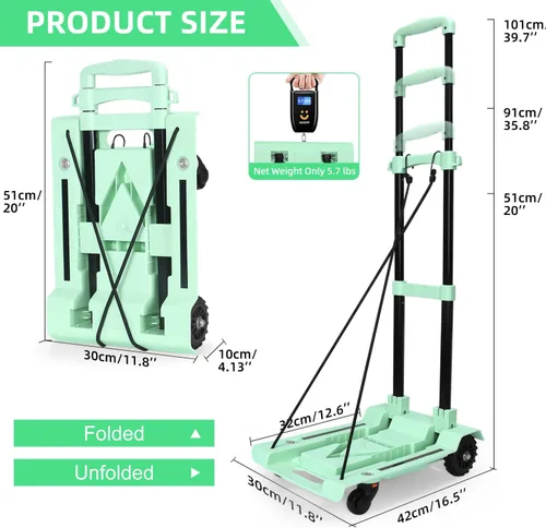 Vista 3 de Carro plegable para camión de mano de 176.4 lbs/176 libras, carrito utilitario de equipaje resistente con 4 ruedas giratorias, señal de advertencia