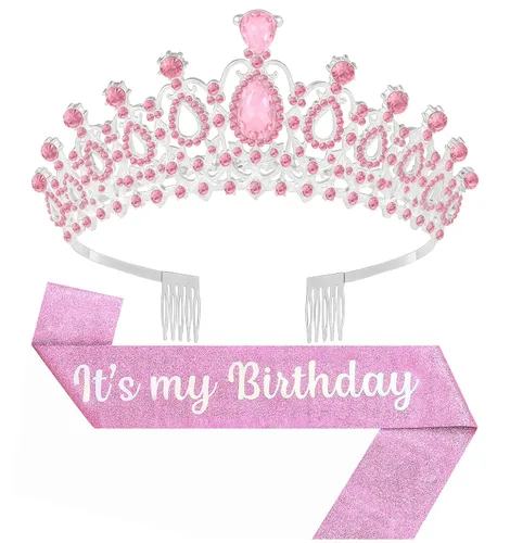 Vista 7 de Tiara de cumpleaños y corona con banda, tiara de cumpleaños para fiesta de mujeres (rosa)