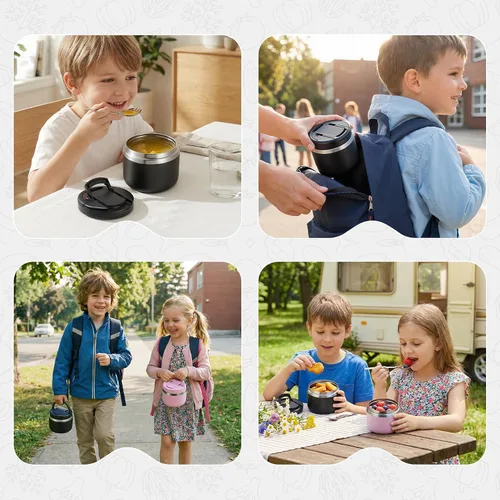 Vista 7 de MAXSO Tarro de comida aislado al vacío de 14 onzas con tapa de hebilla de cuchara, termo de sopa para niños para comida caliente, boca ancha, Negro