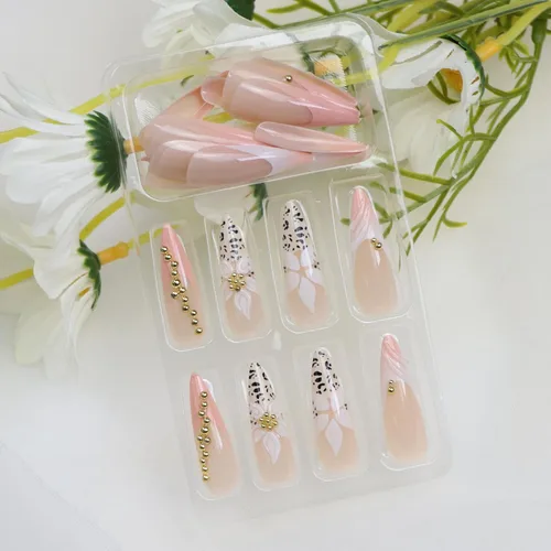 Vista 5 de Uñas largas a presión con estampado de leopardo de aguja rosa y blanco, punta francesa, uñas postizas a presión con diseño de bolas de acero