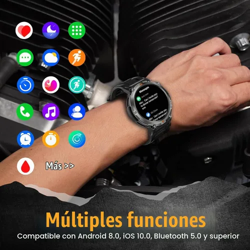 Vista 8 de Reloj inteligente militar para hombres táctico resistente Bluetooth llamada Negro