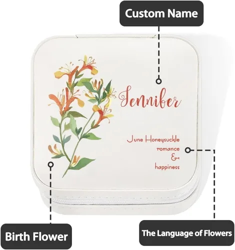 Vista 7 de Joyero de viaje de cuero personalizado para mujer, con nombre grabado y flor de nacimiento, funda personalizada, estuche organizador de joyas, caja
