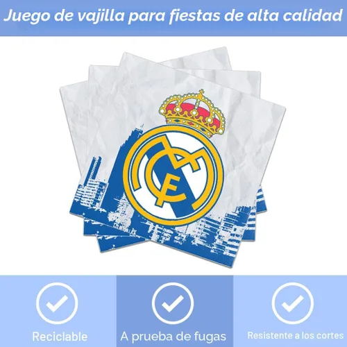 Vista 2 de 40 piezas de suministros para fiesta de cumpleaños del Real Madrid incluyen 20 platos, 20 servilletas para la decoración de la fiesta del Real Madrid