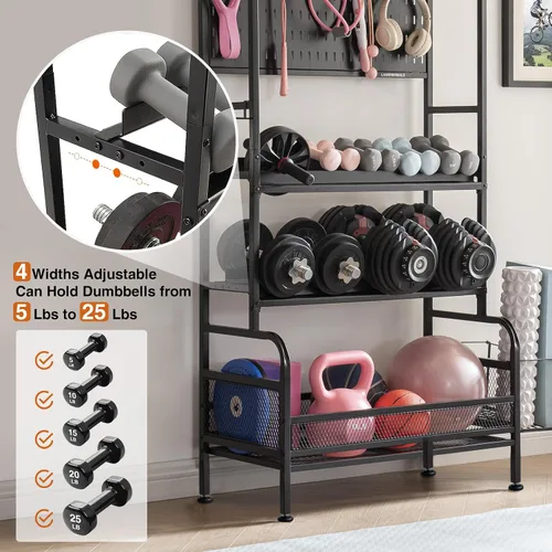 Vista 5 de 56'' Taller Home Gym Storage Organizer, Red Modern Alloy Steel Workout Equipment Storage Rack with Wheels and Hooks
