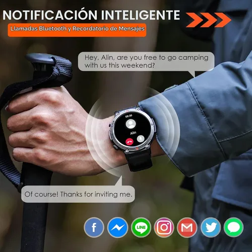 Vista 6 de Reloj inteligente militar para hombres con linterna LED 1.45 "HD 3ATM