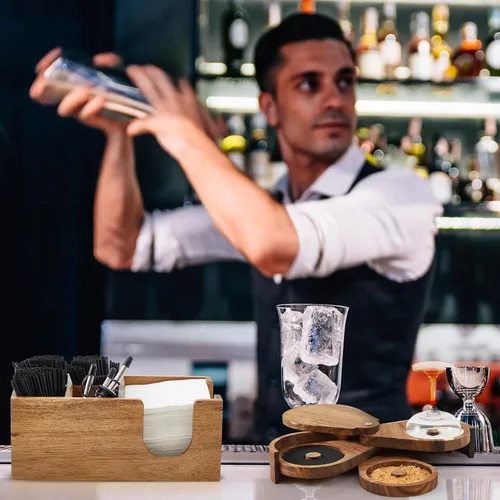 Vista 6 de Mifoci Herramienta de Barman Rimadora de Vasos de Madera de Acacia de 3 Niveles con 12 Vertedores Clásicos de Acero Inoxidable para Botellas