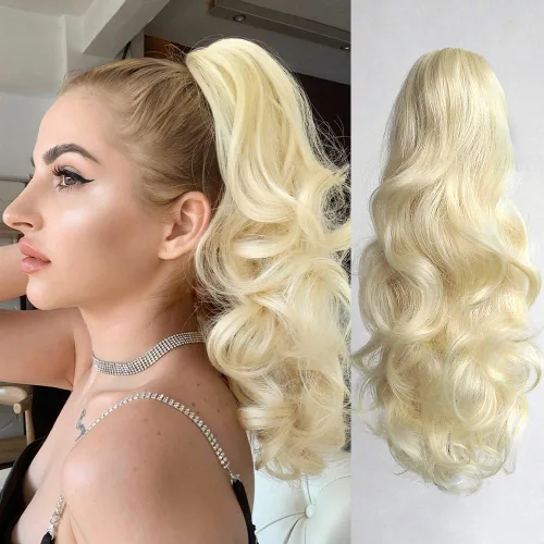 Vista 17 de Extensión de cola de caballo de garra negra natural ondulada de 16 pulgadas, extensiones de cabello sintético rizado con clip, extensiones