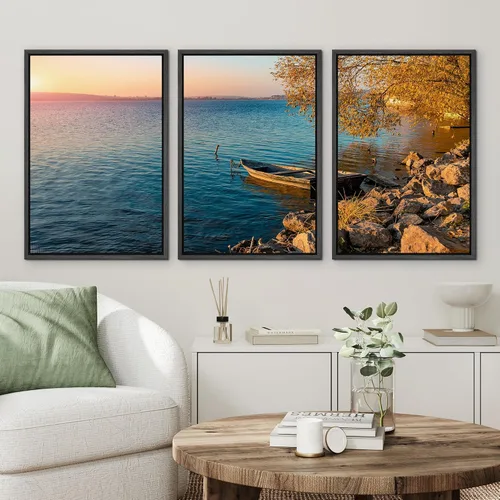 Vista 2 de wall26 Lienzo enmarcado para pared, juego de arte de puesta de sol junto al lago, escena tranquila junto al agua, fotografía, realismo, paisaje