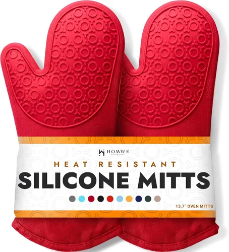 Vista 25 de HOMWE - Manopla de horno profesional y extralarga de silicona, guantes con forro acolchado, agarraderas resistentes al calor, guantes flexibles