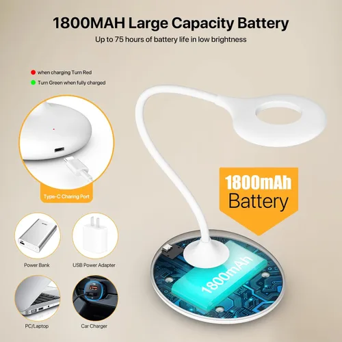 Vista 4 de Lámpara de escritorio recargable inalámbrica con 3 modos de color, control táctil, lámpara de mesa de 30 LED, luz de lectura de atenuación continua