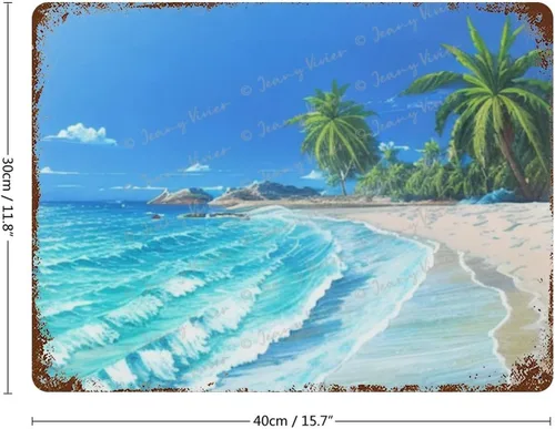 Vista 2 de Zomyto Letrero de metal con diseño de palmera de verano, imagen tropical de playa y mar y océano, pintura de paisaje marino, retro, para baño, sala