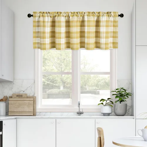 Vista 33 de VOGOL Cenefa de cuadros marrón con textura de lino para dormitorio, sala de estar, diseño de bolsillo para barra, fácil de colgar, 52 x 12 pulgadas