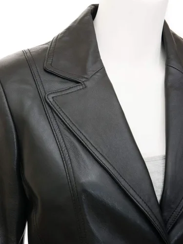 Vista 2 de Blazer de piel de cordero para mujer, chaqueta blazer de cuero negro