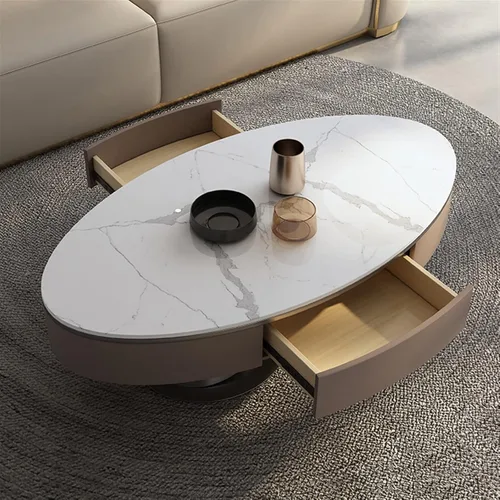 Vista 6 de Mesa auxiliar para sofá de sala de estar, mesa auxiliar ovalada de lujo con mesa de pizarra, mesa de centro moderna para sala de estar con cajones