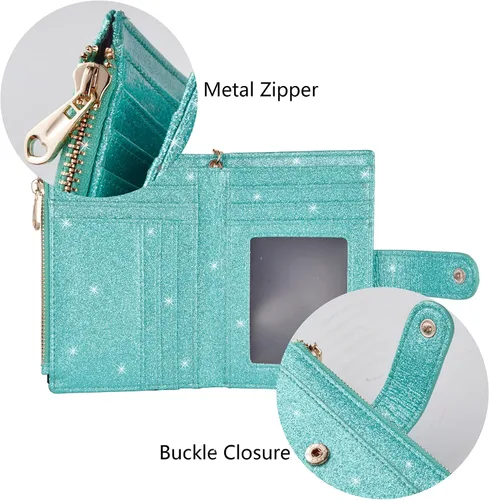 Vista 6 de Billeteras RFID pequeñas y compactas de cuero plegable con cremallera para mujer