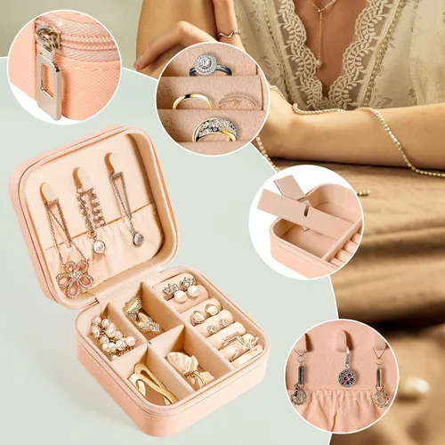 Vista 4 de Fellibay Joyero para niñas, estuche de viaje pequeño de piel sintética con cremallera, organizador portátil, caja de regalo para anillos, aretes