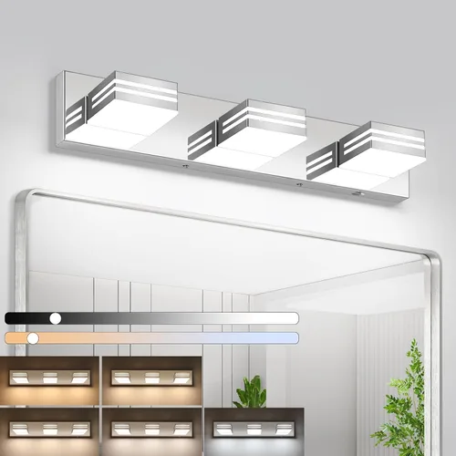 Vista 17 de Moderna lámpara LED para tocador de baño (3 luces, 24 pulgadas) (5CCT, regulable), negro mate moderno para pared de baño
