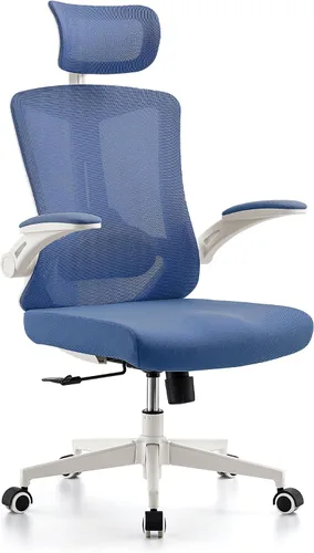 Vista 8 de Silla ergonómica de escritorio de oficina, silla de computadora de malla con ruedas giratorias de 360°, reclinación ajustable de 90-130° y soporte