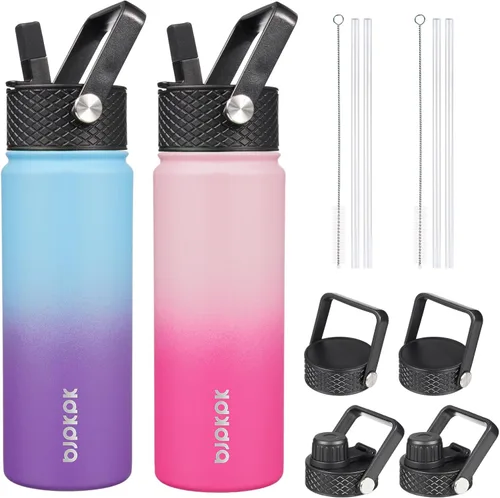 Vista 8 de BJPKPK Paquete de 2 botellas de agua aisladas con tapas con pajita, botella de agua de metal de acero inoxidable de 18oz con 6 tapas, jarras a