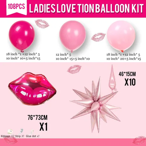 Vista 7 de Kit de arco de guirnalda de globos rosa y rojo, 108 piezas con globos de labios de estrella de aluminio para niñas, mujeres, cumpleaños, día