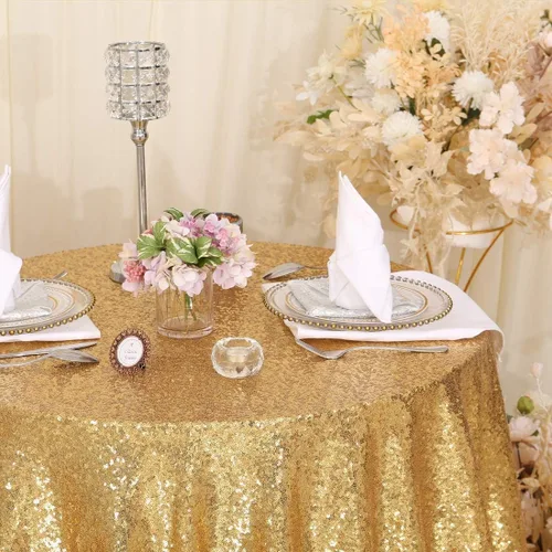 Vista 4 de Eternal Beauty Mantel de lentejuelas doradas de 120 pulgadas, mantel redondo brillante con purpurina para decoración de bodas, fiestas de cumpleaños
