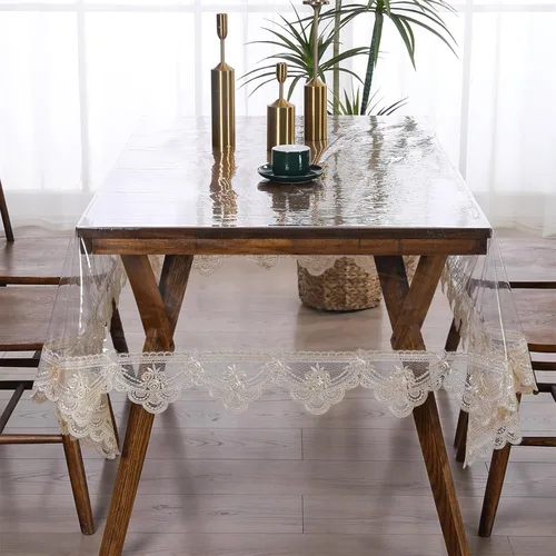 Vista 10 de Mantel rectangular de plástico transparente de vinilo impermeable, borde de encaje bordado, mantel transparente para comedor, cocina al aire libre