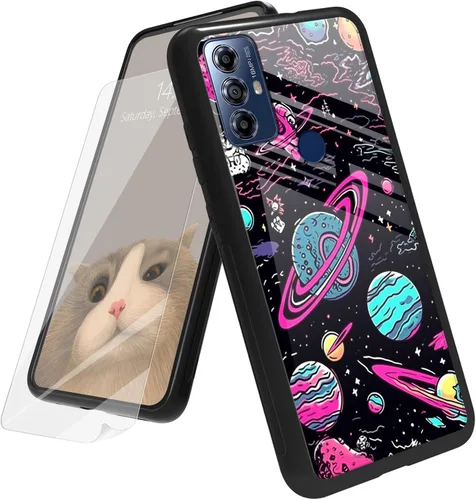 Vista 155 de Funda para Motorola Moto G Play 4G 2024 con protector de pantalla, parte trasera de vidrio templado + funda de silicona suave TPU absorción