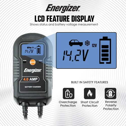 Vista 5 de ENERGIZER Cargador automático de 4 amperios, 6 V/12 V, mantenedor de batería inteligente de 9 pasos, cargador de goteo con pantalla LCD