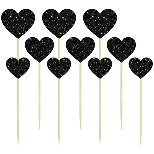 Vista 3 de Gyufise 30 adornos de corazón para cupcakes con purpurina de tamaño mixto con temática de dulce amor, decoración de pastel de corazón, boda Negro