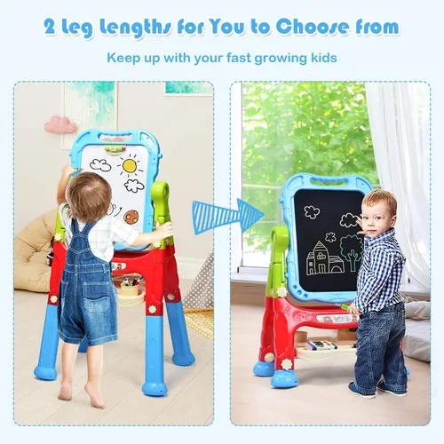 Vista 2 de Costzon Caballete de arte para niños, altura ajustable con rotación de 360°, tablero de dibujo de doble cara con pizarra y pizarra blanca, juego